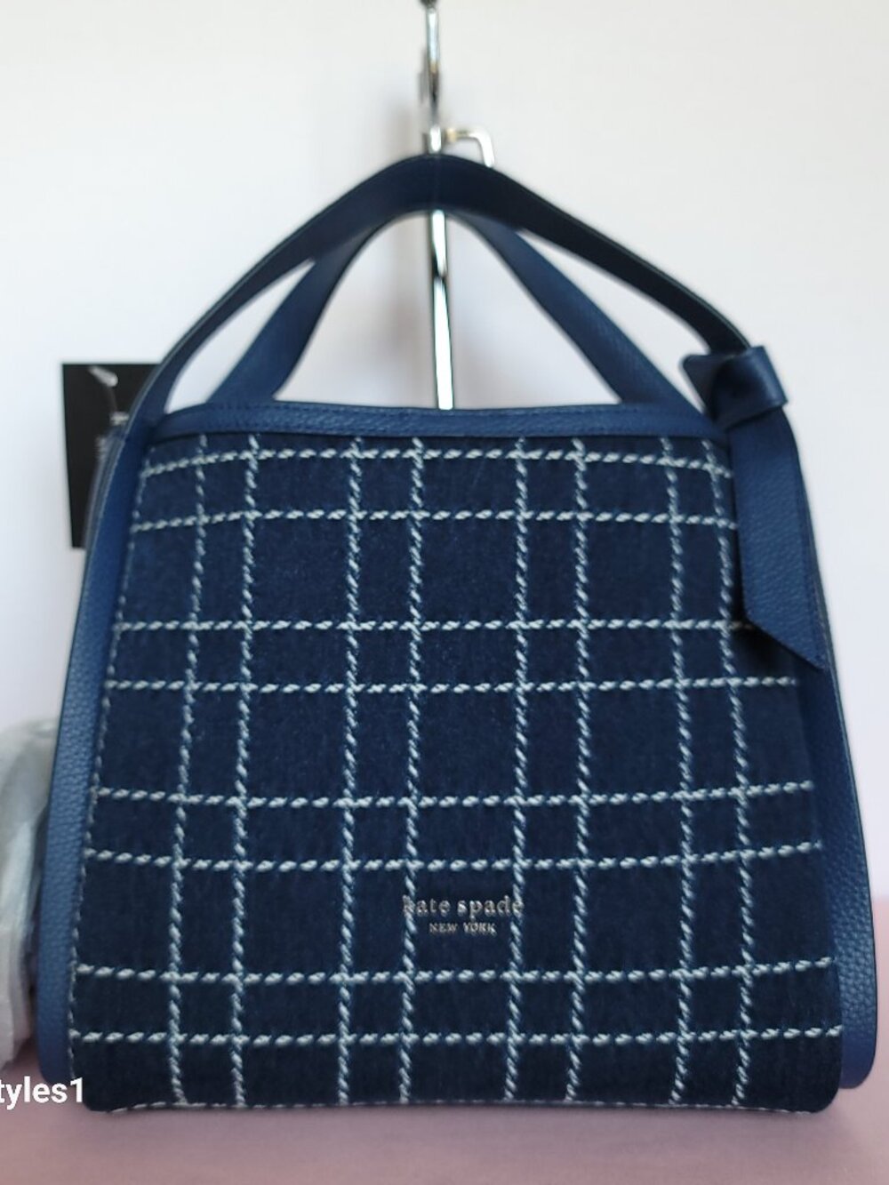 KATE SPADE Knott MEDIUM Denim Check & Leather Crossbody Tote- Indigo Multi⭐